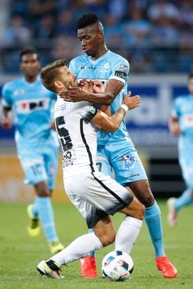 Viitorul s Bogdan Tiru and Gent s Kalifa Coulibaly fight for the ball during the first leg match of the third qualifying round between Belgian first league soccer team KAA Gent and Romania s FC Viitorul Constanta in the Europa League competition, on Thursday 28 July 2016, in Gent. BRUNOxFAHY  x04899918x