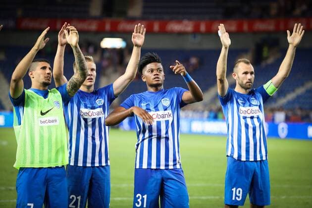 Genk s Nikolaos Karelis, Genk s Jere Uronen, Genk s Leon Bailey and Genk s Thomas Buffel celebrate after winning the first leg game of the third qualifying round between Belgian first league soccer team KRC Genk and Ireland s Cork City F.C. in the Europa League competition, on Thursday 28 July 2016, in Genk. VIRGINIExLEFOUR  x04899963x