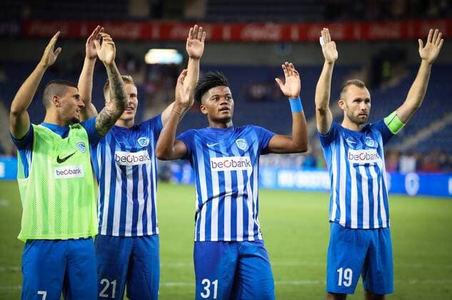 Genk s Nikolaos Karelis, Genk s Jere Uronen, Genk s Leon Bailey and Genk s Thomas Buffel celebrate after winning the first leg game of the third qualifying round between Belgian first league soccer team KRC Genk and Ireland s Cork City F.C. in the Europa League competition, on Thursday 28 July 2016, in Genk. VIRGINIExLEFOUR  x04899962x