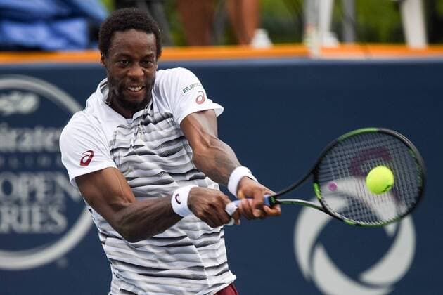 July 28, 2016: Gael Monfils of France returns the ball to David Goffin of Belgium during their third round match of the Rogers Cup tournament at the Aviva Centre in Toronto, Ontario, Canada on July 28, 2016. Cal Media TENNIS 2016 - Rogers Cup Toronto July 28 - ZUMAc04_