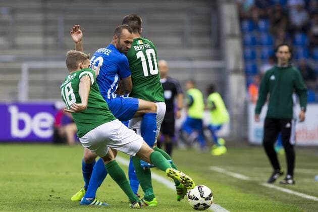 Cork s Michael McSweeney, Genk s Thomas Buffel and Cork s Steven Beattie pictured during the first leg game of the third qualifying round between Belgian first league soccer team KRC Genk and Ireland s Cork City F.C. in the Europa League competition, on Thursday 28 July 2016, in Genk. KRISTOFxVANxACCOM  x04900006x