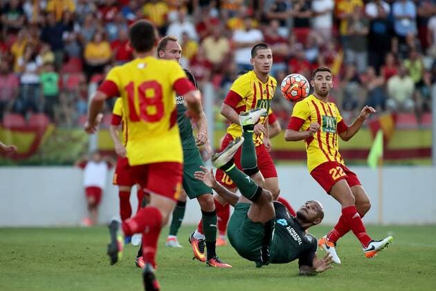 28 07 2016 Hibernians Stadium, Paola, Malta UEFA Europa League Third Qualifying Round, First Leg Birkirkara FC (Malta) v FC Krasnodar (Russia) Da Silva Ferreira Ariclenes of FC Krasnodar (in green) shoots at gaol during the UEFA Europa League, third qualifying round, first leg match between Birkirkar and Krasnodar of Russia. Birkirkara FC v Krasnodar - UEFA Europa League 2016 17 BKR_KRA_UEL_16_17