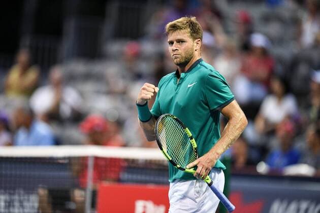 July 28, 2016: Ryan Harrison of the United States celebrates a point against Tomas Berdych of Czech Republic during their third round match of the Rogers Cup tournament at the Aviva Centre in Toronto, Ontario, Canada on July 28, 2016. Cal Media TENNIS 2016 - Rogers Cup Toronto July 28 - ZUMAc04_