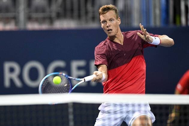 July 28, 2016: Tomas Berdych of Czech Republic returns the ball to Ryan Harrison of the United States during their third round match of the Rogers Cup tournament at the Aviva Centre in Toronto, Ontario, Canada on July 28, 2016. Cal Media TENNIS 2016 - Rogers Cup Toronto July 28 - ZUMAc04_