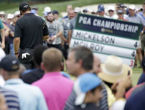 Phil Mickelson stands on the 3rd green at 4 over par in the second round at the PGA Golf Herren Championship at Baltusrol Golf Club in Springfield, New Jersey on July 29, 2016.  PGA20160729120 JOHNxANGELILLO