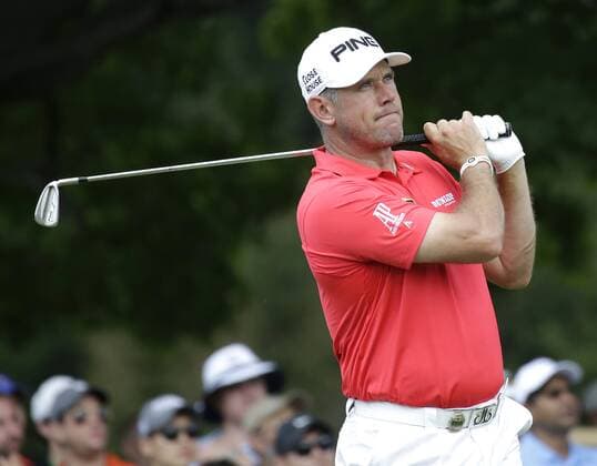Lee Westwood of England hits his tee shot on the 4th hole in the second round at the PGA Golf Herren Championship at Baltusrol Golf Club in Springfield, New Jersey on July 29, 2016.  PGA20160729122 JOHNxANGELILLO