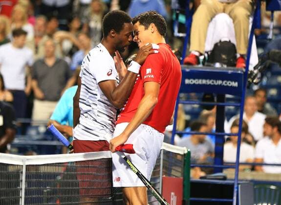 (160730) -- TORONTO, July 29, 2016 -- Gael Monfils (L) of France talks to Milos Raonic of Canada after their quarterfinal match of men s singles at the 2016 Rogers Cup in Toronto, Canada, July 29, 2016. Gael Monfils won 2-0. )(hcs) (SP)CANADA-TORONTO-TENNIS-ROGERS CUP-MEN S SINGLES ZouxZheng 