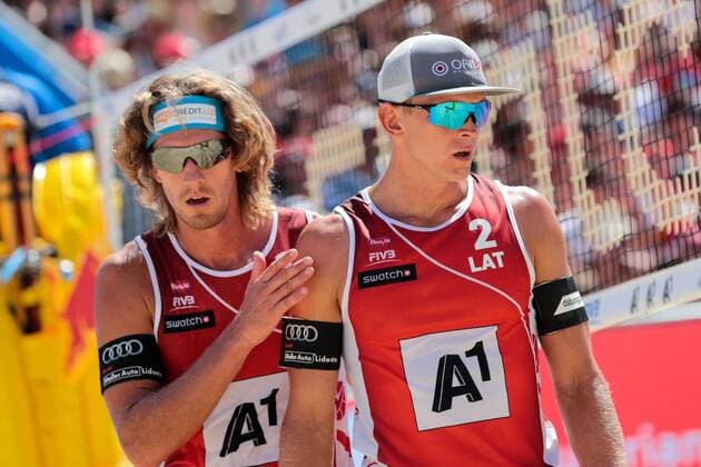 BEACHVOLLEYBALL - A1 Major Klagenfurt 2016 KLAGENFURT,AUSTRIA,31.JUL.16 - Beach volleyball Beachvolleyball - FIVB World Tour 2016, A1 Major Klagenfurt, men. Image shows Aleksandrs Samoilovs and Janis Smedins (LAT). GEPAxpictures xMaticxKlansek