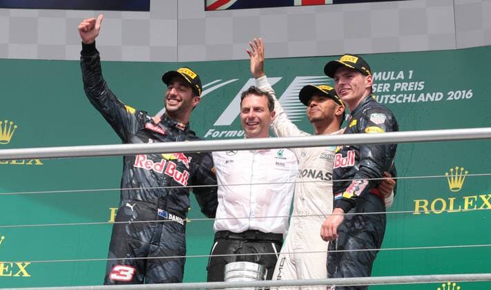 Podium, Daniel Ricciardo, Lewis Hamilton; Max Verstappen, Red Bull Racing, formula 1 GP, Germany in Hockenheim, 31.07.2016 Photo:mspb Jackie Weiss Podium, Daniel Ricciardo, Lewis Hamilton; Max Verstappen, formula 1 GP, Germany