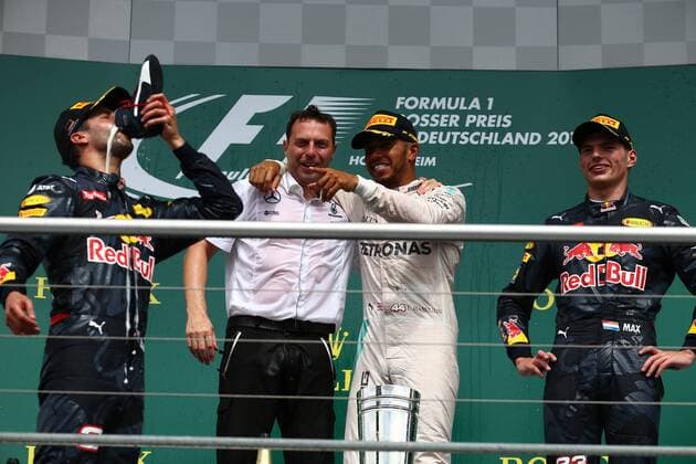 German Grand Prix, Hockenheimring 28 - 31 July 2016 31.07.2016 - Race, 1st position Lewis Hamilton (GBR) Mercedes AMG F1 W07 Hybrid, 2nd position Daniel Ricciardo (AUS) Red Bull Racing RB12 and 3rd position Max Verstappen (NED) Red Bull Racing RB12 