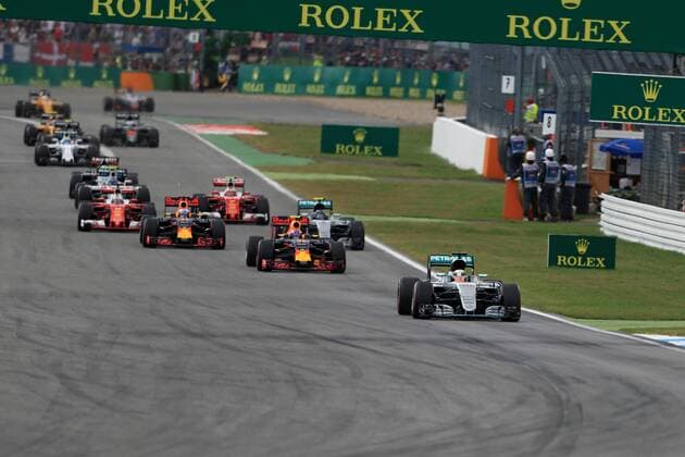 31.07.2016. Hockenheim, Germany. Mercedes AMG Petronas W07 Hybrid & x2013; Lewis Hamilton leads into the first corner at the start on the race despite his team mate Nico Rosberg starting on pole. German Formula Grand Prix in the Hockenheimring in Hockenheim, Germany, 31 July 2016. xLeannexBoonx  ActionPlus11766962