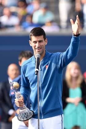 July 31, 2016: Novak Djokovic of Serbia & Montenegro addreses the fans after winning the Rogers Cup tournament final 6-3, 7-5 versus Kei Nishikori of Japan at the Aviva Centre in Toronto, Ontario, Canada on July 31, 2016. Cal Media TENNIS 2016 - Rogers Cup Toronto Final July 31 - ZUMAc04_