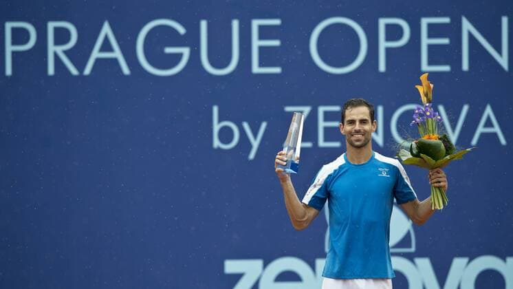 Colombian Santiago Giraldo with trophy after defeating Uladzimir Ignatik during the men s challenger final of Advantage Cars Prague Open 2016 tennis tournament in Prague, Czech Republic, July 31, 2016. (CTKxPhoto MichalxKamaryt) CTKPhotoP201607310309901  kmt 10