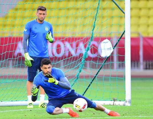 Fenerbahce players during a training session at Stade Louis II Stadium in Monaco on August 02, 2016, a day before their UEFA Champions League Third qualifying round second leg match agaimnst Monaco. Pictured: Goalkeeper Fabiano Ribeiro 