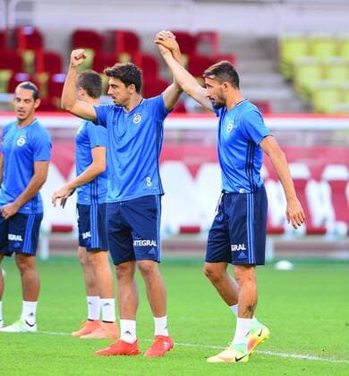 Fenerbahce players during a training session at Stade Louis II Stadium in Monaco on August 02, 2016, a day before their UEFA Champions League Third qualifying round second leg match agaimnst Monaco. Pictured: Ozan Tufan and Mehmet Topal. 