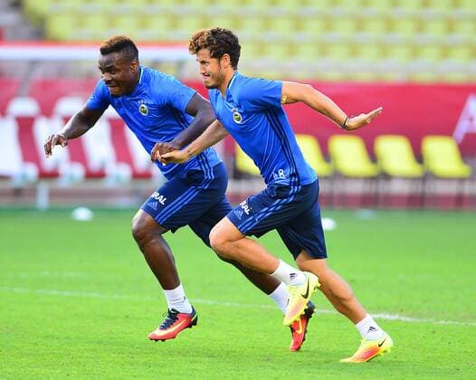Fenerbahce players during a training session at Stade Louis II Stadium in Monaco on August 02, 2016, a day before their UEFA Champions League Third qualifying round second leg match agaimnst Monaco. Pictured: Emmanuel Emenike and Salih Ucan 