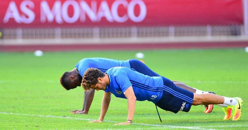 Fenerbahce players during a training session at Stade Louis II Stadium in Monaco on August 02, 2016, a day before their UEFA Champions League Third qualifying round second leg match agaimnst Monaco. Pictured: Emmanuel Emenike and Salih Ucan 