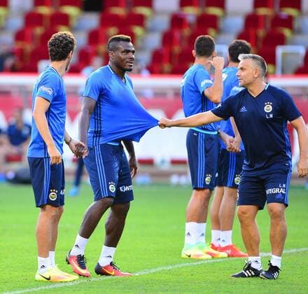 Fenerbahce players during a training session at Stade Louis II Stadium in Monaco on August 02, 2016, a day before their UEFA Champions League Third qualifying round second leg match agaimnst Monaco. Pictured: Emmenuel Emenike 