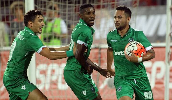 02.08.2016 Belgrade(Serbia) FK Crvena Zvezda(FC Red Star)-PFC Ludogorets 3rd leg champions league qualify men s football Claudiu Keseru(L) with Jonathan Cafu(c) and and Wanderson(r) PFC Ludogorets celebrate first goal on match : 