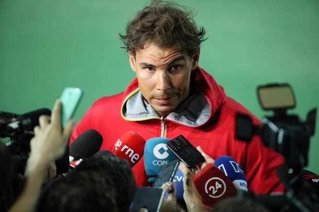 Rio 2016, Tennis, Training Rafael Nadal Spanish tennis player Rafael Nadal (C) adresses the media after a training session at the Tennis Center, prior to the start of the Olympic Games Olympische Spiele Olympia OS next 5 August, in Rio de Janeiro, Brazil, 2 August 2016. RAFAEL NADAL S TRAINING SESSION !ACHTUNG: NUR REDAKTIONELLE NUTZUNG!  RIO040 20160803-636057827246748138
