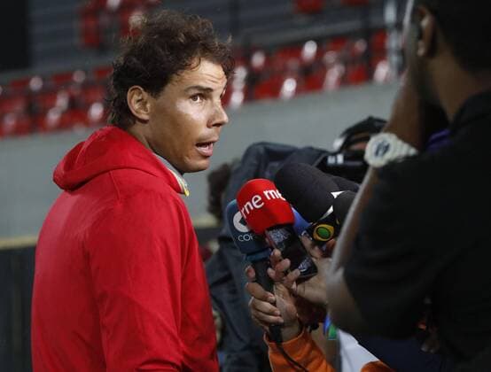 Rio 2016, Tennis, Training Rafael Nadal Spanish tennis player Rafael Nadal (C) adresses the media after a training session at the Tennis Center, prior to the start of the Olympic Games Olympische Spiele Olympia OS next 5 August, in Rio de Janeiro, Brazil, 2 August 2016. RAFAEL NADAL S TRAINING SESSION !ACHTUNG: NUR REDAKTIONELLE NUTZUNG!  RIO044 20160803-636057827940765444
