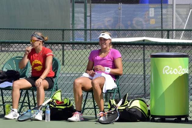 Flipkens Kirsten of Belgium and Wickmayer Yanina of Belgium during Tennis during Tennis training before the Rio 2016 Summer Olympic Games Olympische Spiele Olympia OS on August 02, 2016 in Rio de Janeiro, Brazil. TENNIS : Entrainement equipe de belgique - JO de Rio 2016 - 02 08 2016 Photonews Panoramic  595884333