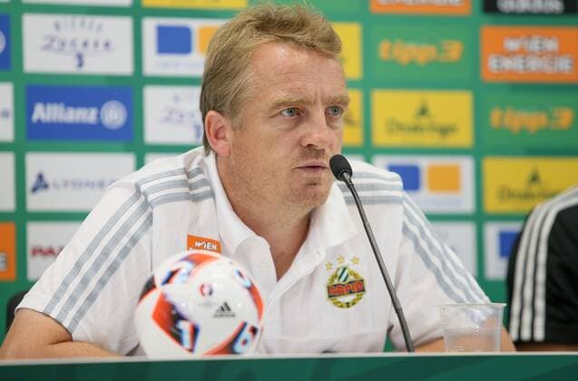 SOCCER - EL quali, Rapid vs Zhodino VIENNA,AUSTRIA,03.AUG.16 - SOCCER - UEFA Europa League, qualification, SK Rapid Wien vs FC Torpedo Zhodino, preview, press conference PK Pressekonferenz Rapid. Image shows head coach Mike Bueskens (Rapid). Keywords: Wien Energie. GEPAxpictures xMarioxKneisl