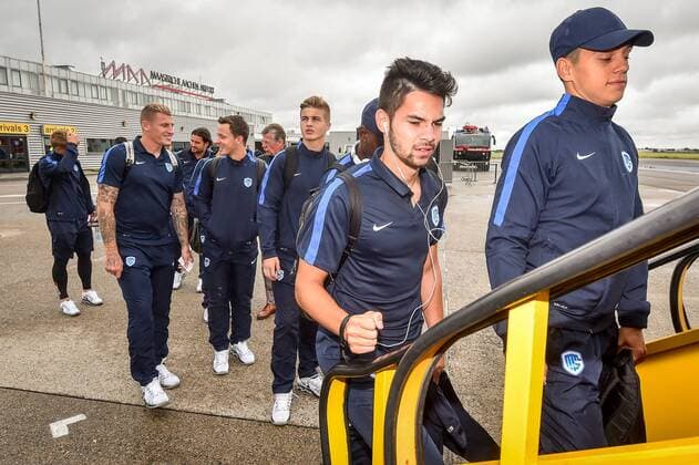 Genk s Sandy Walsh, Genk s Leandro Trossard, Genk s goalkeeper Nordin Jackers and Genk s Sebastien Dewaest pictured at the departure of Belgian first league soccer team KRC Genk, in Maastricht airport, on their way to Cork, Ireland, Wednesday 03 August 2016. Tomorrow Genk is playing the return leg of the third qualifying round in the Europa League competition against Ireland s Cork City F.C.. First leg result was 1-0 for Genk. LUCxCLAESSEN  x04902465x