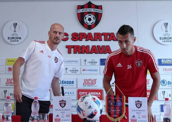 SOCCER - EL quali, Trnava vs A.Wien TRNAVA,SLOVAKIA,03.AUG.16 - SOCCER - UEFA Europa League, qualification, FC Spartak Trnava vs FK Austria Wien, preview, press conference PK Pressekonferenz Trnava. Image shows head coach Miroslav Karhan and Ivan Schranz (Spartak Trnava). GEPAxpictures xChristianxOrt