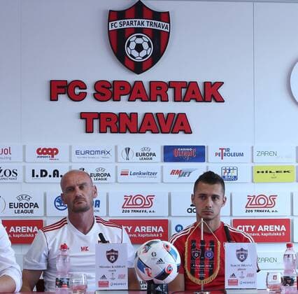 SOCCER - EL quali, Trnava vs A.Wien TRNAVA,SLOVAKIA,03.AUG.16 - SOCCER - UEFA Europa League, qualification, FC Spartak Trnava vs FK Austria Wien, preview, press conference PK Pressekonferenz Trnava. Image shows head coach Miroslav Karhan and Ivan Schranz (Spartak Trnava). GEPAxpictures xChristianxOrt