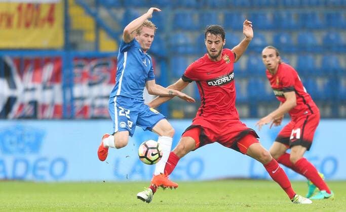 SOCCER - UEFA EL quali, Liberec vs Admira LIBEREC,CZECH REPUBLIC,03.AUG.16 - SOCCER - UEFA Europa League, qualification, Slovan Liberec vs FC Admira Wacker Moedling. Image shows Petr Sevcik (Liberec) and Fabio Strauss (Admira). GEPAxpictures xPhilippxBrem