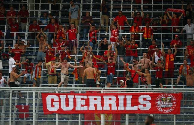 SOCCER - UEFA CL quali, RBS vs Tirana SALZBURG,AUSTRIA,03.AUG.16 - SOCCER - UEFA Champions League, qualification, Red Bull Salzburg vs FK Partizani Tirana. Image shows fans from Tirana. GEPAxpictures xFelixxRoittner