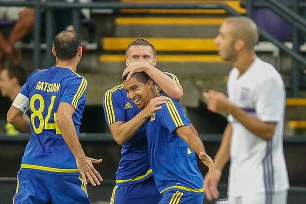 Rostov s Christian Noboa (C) celebrates with his teammates after scoring during the return leg of the third qualification round for the Champions League competition between Belgian first league soccer team RSC Anderlecht and Russian team FC Rostov in Brussels, Wednesday 03 August 2016. The first leg ended in a 2-2 draw. BRUNOxFAHY  x04902977x