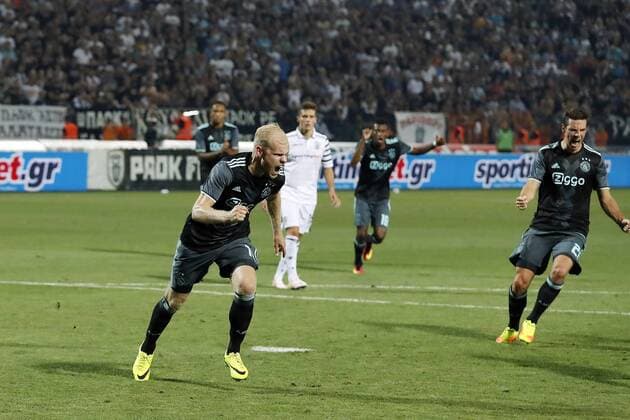 (L-R) Davy Klaassen of Ajax. Yevhen Shakhov of PAOK FC, Mateo Cassierra of Ajax, Nick Viergever of Ajax during the UEFA Champions League third round qualifying second leg match between PAOK and Ajax Amsterdam on August 3, 2016 at the Stadio Toumba in Salonika, Greece. PAOK v Ajax UEFA Champions League third round 2016 2017 xVIxxIVx 5929994