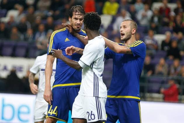 Rostov s Cesar Navas and Anderlecht s Idrissa Sylla pictured during the return leg of the third qualification round for the Champions League competition between Belgian first league soccer team RSC Anderlecht and Russian team FC Rostov in Brussels, Wednesday 03 August 2016. The first leg ended in a 2-2 draw. BRUNOxFAHY  x04903033x