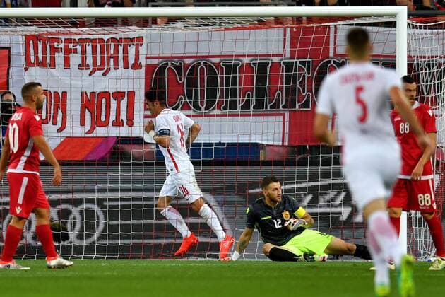 SOCCER - UEFA CL quali, RBS vs Tirana SALZBURG,AUSTRIA,03.AUG.16 - SOCCER - UEFA Champions League, qualification, Red Bull Salzburg vs FK Partizani Tirana. Image shows the rejoicing of Jonatan Soriano (RBS) and the disappointment of Alban Hoxha (Tirana). Keywords: goal. GEPAxpictures xFlorianxErtl