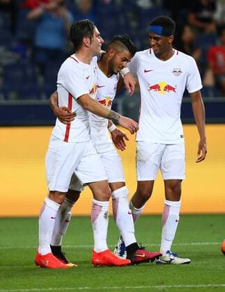 SOCCER - UEFA CL quali, RBS vs Tirana SALZBURG,AUSTRIA,03.AUG.16 - SOCCER - UEFA Champions League, qualification, Red Bull Salzburg vs FK Partizani Tirana. Image shows the rejoicing of Jonatan Soriano, Maciel Wanderson and Bernardo Fernandes da Silva Junior (RBS). GEPAxpictures xFelixxRoittner
