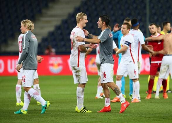 SOCCER - UEFA CL quali, RBS vs Tirana SALZBURG,AUSTRIA,03.AUG.16 - SOCCER - UEFA Champions League, qualification, Red Bull Salzburg vs FK Partizani Tirana. Image shows Martin Hinteregger and Jonatan Soriano (RBS). GEPAxpictures xFelixxRoittner