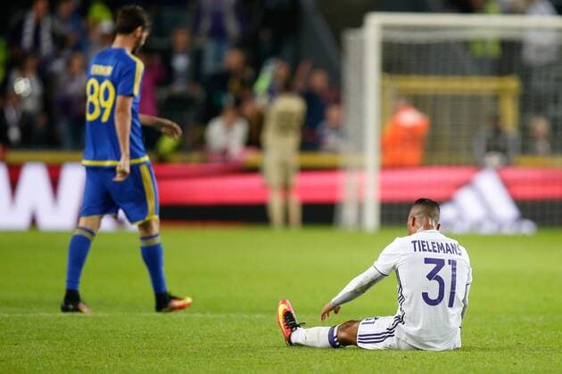 Anderlecht s Youri Tielemans looks dejected after the return leg of the third qualification round for the Champions League competition between Belgian first league soccer team RSC Anderlecht and Russian team FC Rostov in Brussels, Wednesday 03 August 2016. The first leg ended in a 2-2 draw. BRUNOxFAHY  x04903121x