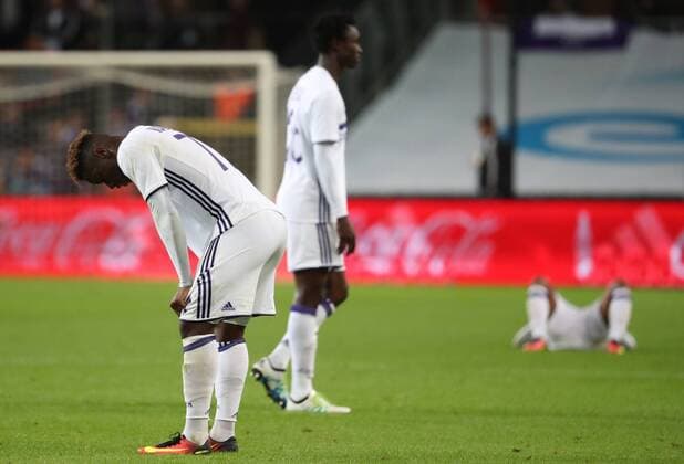 Anderlecht s Nathan Kabasale looks dejected after the return leg of the third qualification round for the Champions League competition between Belgian first league soccer team RSC Anderlecht and Russian team FC Rostov in Brussels, Wednesday 03 August 2016. The first leg ended in a 2-2 draw. VIRGINIExLEFOUR  x04903141x