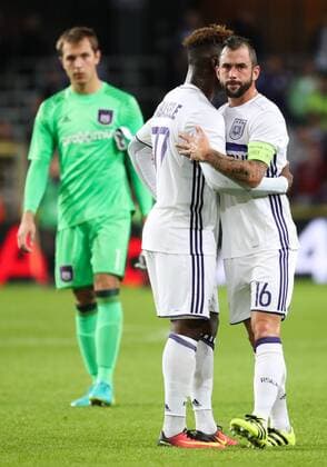 Anderlecht s Nathan Kabasale and Anderlecht s Steven Defour look dejected after the return leg of the third qualification round for the Champions League competition between Belgian first league soccer team RSC Anderlecht and Russian team FC Rostov in Brussels, Wednesday 03 August 2016. The first leg ended in a 2-2 draw. VIRGINIExLEFOUR  x04903151x