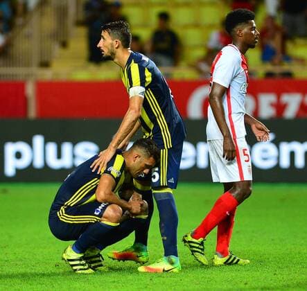 UEFA Champions League Third qualifying round second leg match between Monaco and Fenerbahce at Stade Louis II Stadium in Monaco , France on August 03, 2016. Final Score : Monaco 3 - Fenerbahce 1 Pictured: Jose Fernandao , Mehmet Topal of Fenerbahce. 