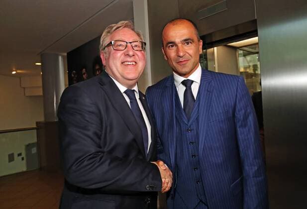 KBVB-URBSFA Belgium soccer union chairman Francois De Keersmaecker and Belgium s new head coach Roberto Martinez shake hands at a press conference PK Pressekonferenz of the Belgian national soccer team Red Devils to announce their new head coach, Thursday 04 August 2016 at the KBVB-URBSFA Belgian soccer union headquarters in Brussels. Spanish Martinez is appointed as new manager of the team, replacing Wilmots who was discharged last month after a disappointing Euro2016 tournament. VIRGINIExLEFOUR  x04903223x
