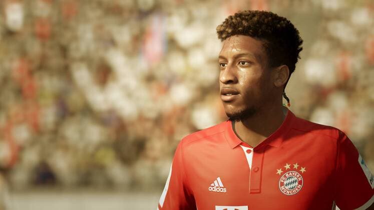 Fußball, EA vereinbart Millionen-Deal mit Bayern München Kingsley Coman bei FIFA 17 FC Bayern München Game Spiel in Aktion in der Allianz Arena Kingsley Coman bei FIFA 17 FC Bayern München Game Spiel in Aktion in der Allianz Arena