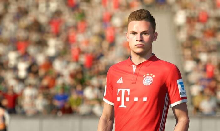 Fußball, EA vereinbart Millionen-Deal mit Bayern München Joshua Kimmich bei FIFA 17 FC Bayern München Game Spiel in Aktion in der Allianz Arena Joshua Kimmich bei FIFA 17 FC Bayern München Game Spiel in Aktion in der Allianz Arena