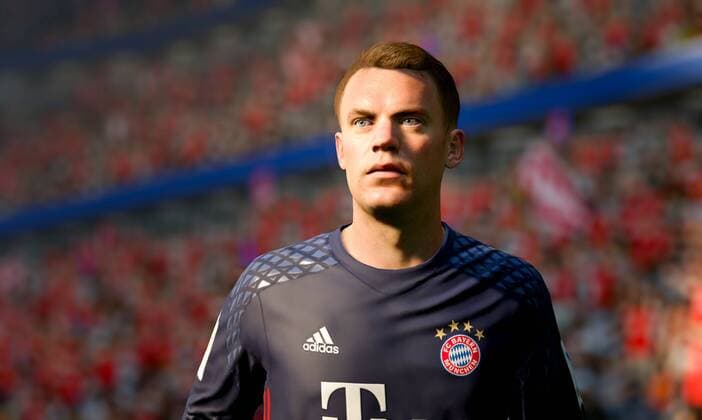 Fußball, EA vereinbart Millionen-Deal mit Bayern München Manuel Neuer bei FIFA 17 FC Bayern München Game Spiel in Aktion in der Allianz Arena Manuel Neuer bei FIFA 17 FC Bayern München Game Spiel in Aktion in der Allianz Arena