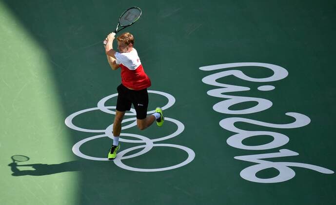 Belgian tennis player David Goffin plays a backhand during a training session of Team Belgium s tennis players ahead of the start of the 2016 Olympic Games Olympische Spiele Olympia OS in Rio, Brazil, Thursday 04 August 2016. ERICxLALMAND  x04903449x