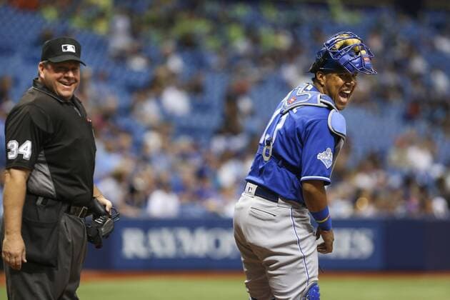 August 4, 2016 - St. Petersburg, Florida, U.S. - WILL VRAGOVIC Times.Kansas City Royals catcher Salvador Perez (13) and umpire Sam Holbrook (34) laugh as Tampa Bay Rays manager Kevin Cash (16) asks for a call on the foul ball by Tampa Bay Rays center fielder Kevin Kiermaier (39) in the first inning of the game between the Kansas City Royals and the Tampa Bay Rays in Tropicana Field in St. Petersburg, Fla. on Thursday, Aug. 4, 2016. MLB Baseball Herren USA 2016 - Rays vs Royals - Series - ZUMAs70_