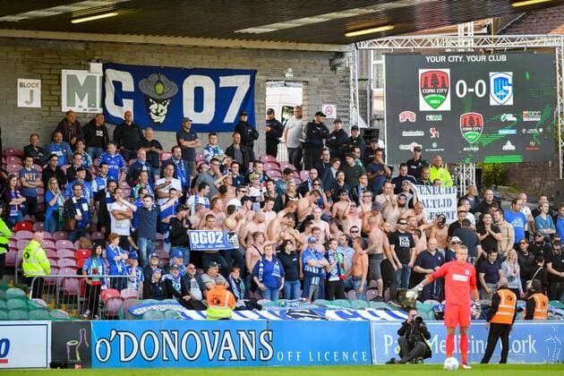 Genk s fans celebrate during a soccer game between Ireland s Cork City F.C. and Belgium s KRC Genk, in Cork, Ireland, Thursday 04 August 2016, the return leg of the third qualifying round in the Europa League competition. The first leg ended in a 1-0 Genk victory. LUCxCLAESSEN  x04903651x