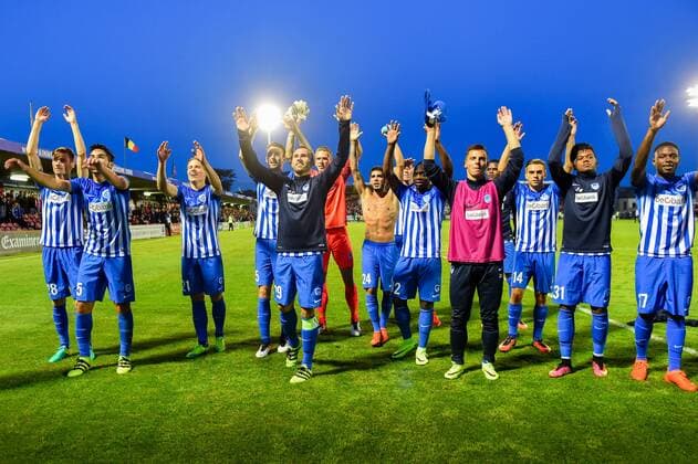 Genk s players celebrate after winning a soccer game between Ireland s Cork City F.C. and Belgium s KRC Genk, in Cork, Ireland, Thursday 04 August 2016, the return leg of the third qualifying round in the Europa League competition. The first leg ended in a 1-0 Genk victory. LUCxCLAESSEN  x04903681x